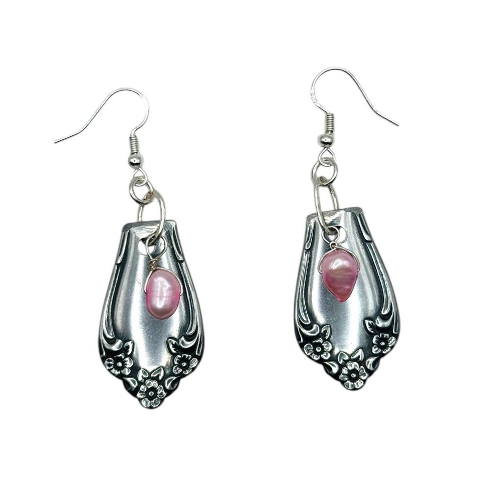 Handcrafted Spoon Earrings With Pink Freshwater Pearls & 925 Silver Hooks - Picture 3 of 11